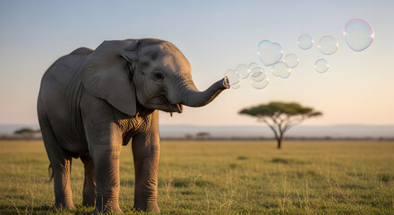 Obraz premium Adorable Baby Elephant Blowing Soap Bubbles in a Golden Sunset Savanna Landscape with Acacia Tree