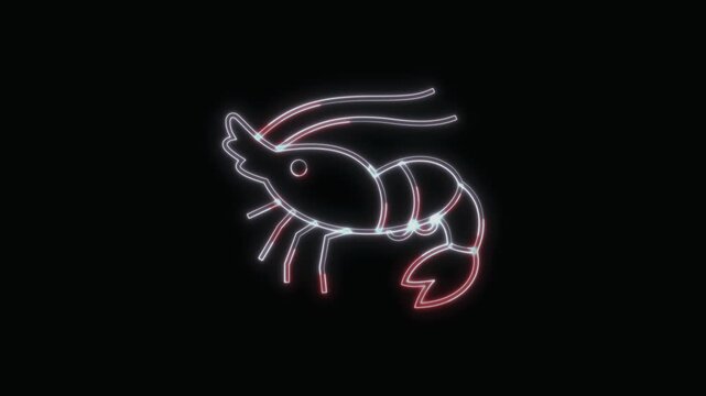  Shrimp Icon Neon Seamless Loop 4K with Black Background Animated Promotional Typography for Video Editing