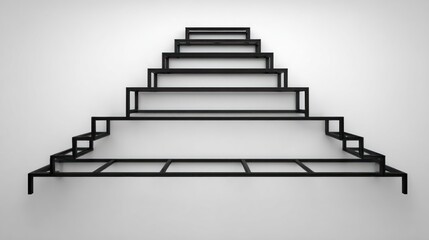 Black steel staircase structure mounted on white wall in a pyramid shape