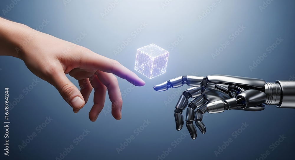 Poster human hand and robotic hand interacting with a glowing digital cube symbolizing artificial intellige