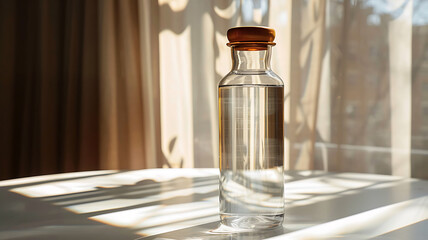 Glass water bottle with wooden lid sitting on a table in natural light.