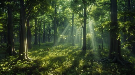 Obraz premium A dense forest with towering trees, sunlight filtering through the leaves creating dappled patterns on the forest floor.