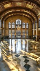 Fototapeta premium Elegant Interior of Classic Public Hall at Sunset with Marble Floor and Ornate Architectural Details