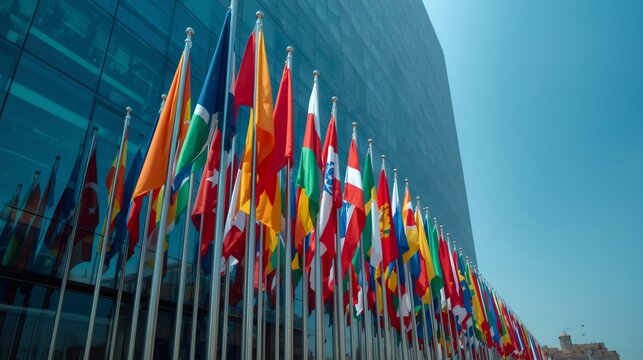 World flags waving in front of modern building representing international cooperation