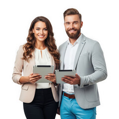 Smiling business people holding tablets isolated on transparent background