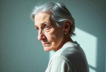 Old female portrait in natural light with cold-colored pastel background