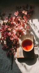 A cup of tea, pink blossoms, and sunlight on linen