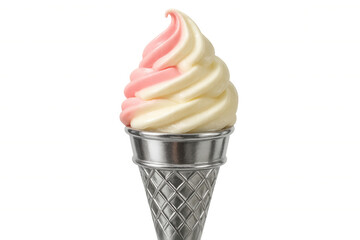 Soft serve pink and white ice cream nestled in metallic silver cone, floating against transparent backdrop, highlighting frozen dessert elegance