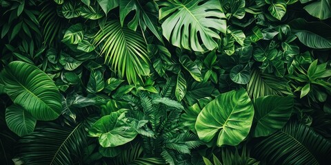 A dense, dark backdrop is filled with a vibrant collection of lush green tropical leaves. Large, glossy monstera leaves are interspersed with smaller ferns, palms, and other foliage. 