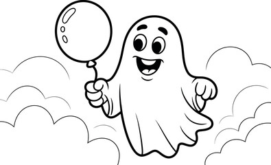 Cartoon ghost flying in the clouds holding a balloon illustration design