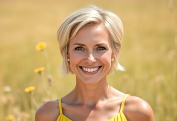 Sunny outdoor portrait of a woman with a bright smile
