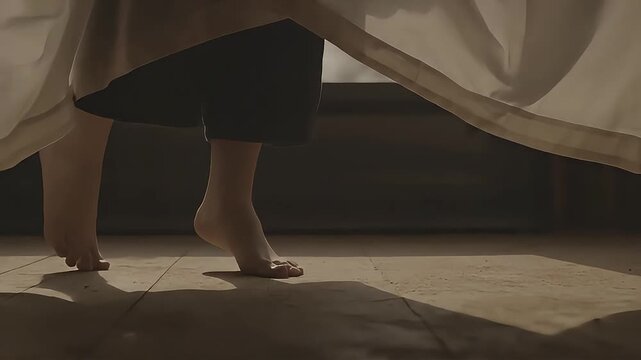 Bare feet of a woman stepping on a warm wooden floor, partially obscured by a flowing white gown, creating a serene and minimalist atmosphere.