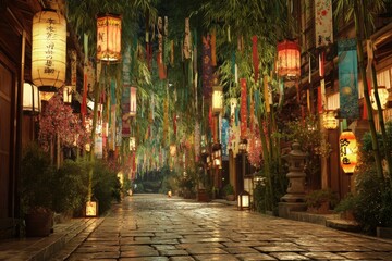Fototapeta premium traditional Japanese street decorated with glowing Tanabata lanterns, nighttime celebration, paper streamers floating in breeze, cobbled path, bamboo archways, no people, no text.