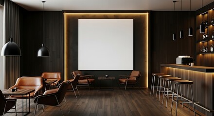 Modern dark bar interior with large blank poster