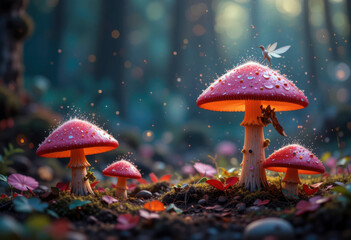 Fototapeta premium Enchanted Forest Scene with Glowing Mushrooms and Fairy Presence.