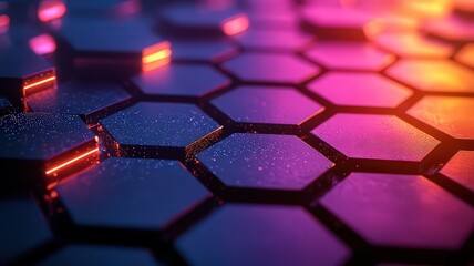 Vibrant hexagonal patternswith glowing neon accents,creating a dynamic and futristic backdrop for technoogy and innovation themes.