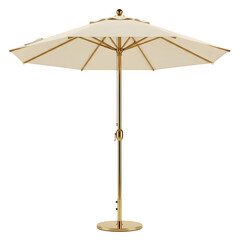 Classic beige patio umbrella with wooden pole and base isolated on transparent background