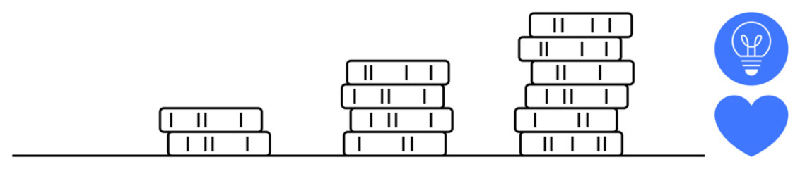 Increasing stacks of coins symbolizing financial growth paired with a lightbulb for innovation and a heart for passion. Ideal for finance, savings, business, motivation, innovation, creativity