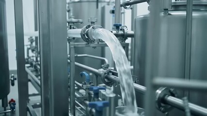 Eye Level Shot of Purified Water Flowing Through Stainless Steel Pipes Inside a Glacier Water Bottling Plant Illustrating Clean Water Production and Advanced Filtration Technology for Stock Footage