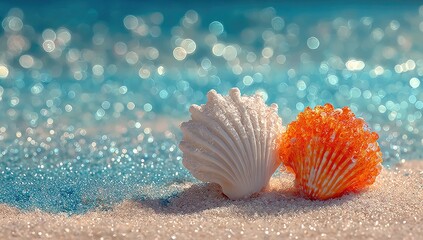 Two seashells on shimmering sand, against a blurred turquoise ocean background