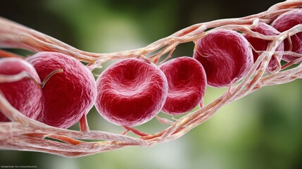 Close-up view of red blood cells flowing through a blood vessel, showcasing intricate details of cellular structure and surrounding tissue, illustrating the dynamic process of circulation in the human