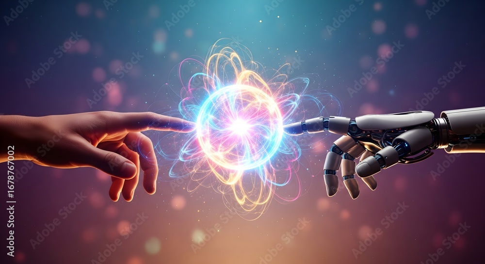 Poster human and robotic hands connect with a glowing abstract energy sphere, symbolizing artificial intell