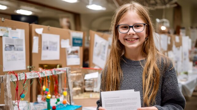 Smiling student with glasses presenting a school science project at a fair, holding a paper in a classroom display area. - Powered by Adobe