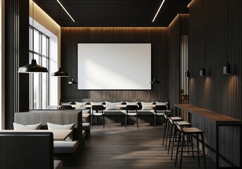 Modern dark cafe interior with large blank poster