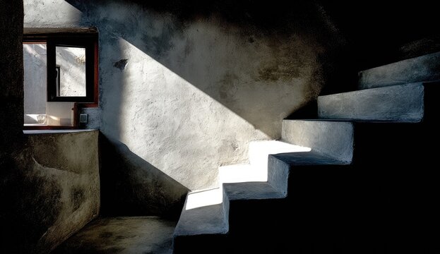 Interior concrete stairwell, sunlit corner