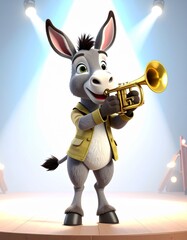 a 3d cartoon donkey with clothes standing on a stage with a trumpet, playing, confidently