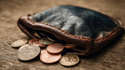 Vintage coin purse spilling change onto a wooden table, worn leather and rich texture in a close-up money scene.