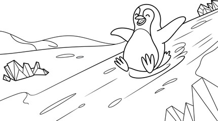 Cute penguin sliding down an icy slope for coloring book pages © Mdaminul