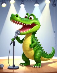 a 3d cartoon crocodile standing on a  stage with a mic stand, laughing ad smiling.
