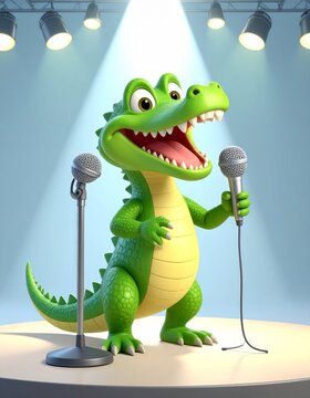 a 3d cartoon crocodile standing on a  stage with a mic stand, laughing ad smiling.