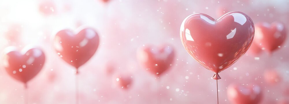 Scattered heart balloons create a whimsical atmosphere in a bright, joyful setting filled with love and celebration