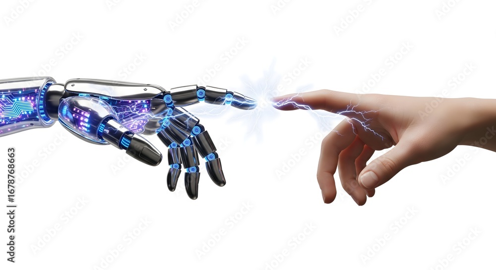 Poster human hand and robotic hand touching with an electrical spark connection on a white background