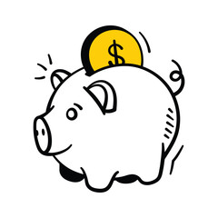 Hand drawn icon of piggy bank with a coin, symbolizing saving.