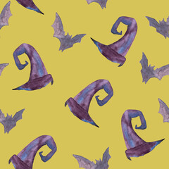 seamless pattern of Halloween watercolor elements on yellow background. Violet witch hat and flying bat hand painted illustrations