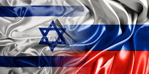 The national flags of Russia and Israel are combined into one and placed side by side on a fluttering cotton background. Flags.