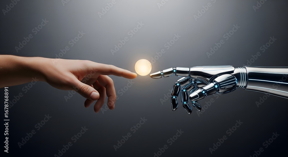 Poster human hand and robot hand touching a glowing sphere, symbolizing connection and artificial intellige