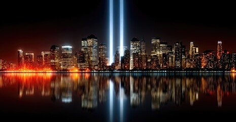 Fototapeta premium NYC skyline at night, illuminated by a memorial beam