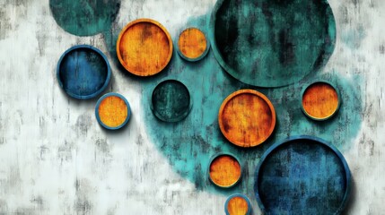 Abstract Painting Featuring Teal Stain and Stylish Yellow and Blue Disks in Modern Art Design