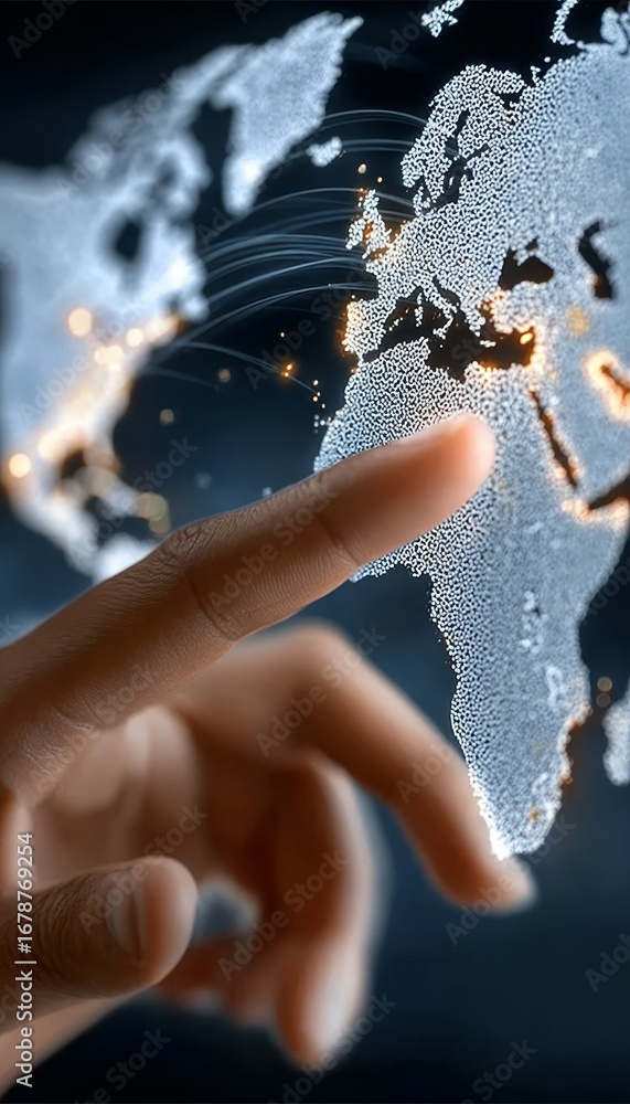 Poster fingertip points to digital globe connectivity concept for global remote communication networks
