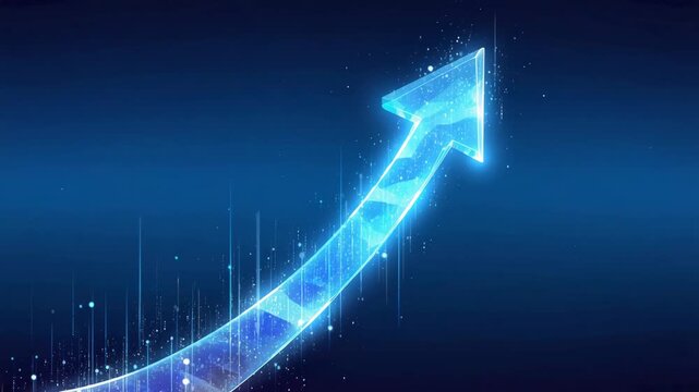 Abstract glowing blue arrow pointing upward with digital effects.