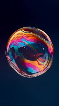 Soap bubble floating and bursting in macro view with rainbow colors on dark background  