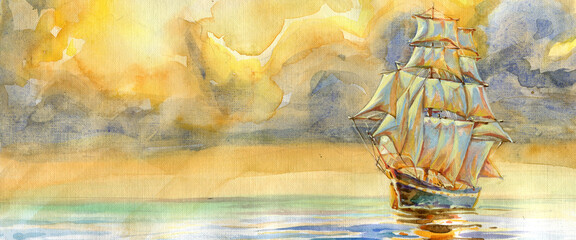 Watercolor sailing ship at sea against a dramatic sunset sky with colorful clouds © Firsik Anton