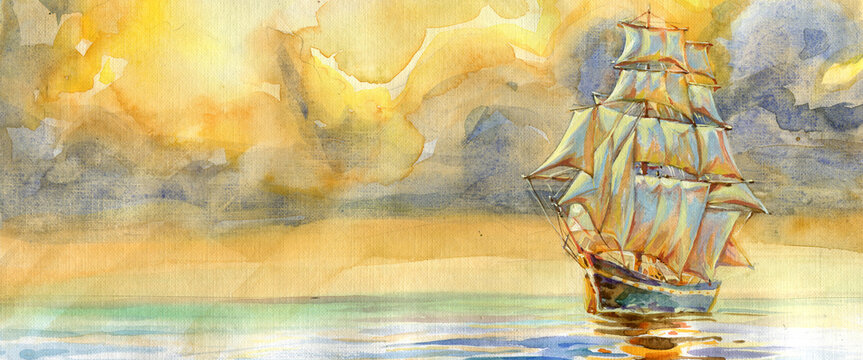 Watercolor sailing ship at sea against a dramatic sunset sky with colorful clouds