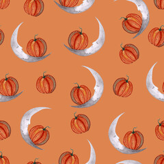 seamless pattern of Halloween watercolor elements on orange background. Moon and pumpkin hand painted illustrations