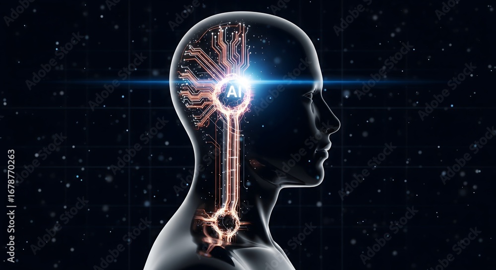 Poster human head profile with glowing circuit board representing artificial intelligence and advanced comp