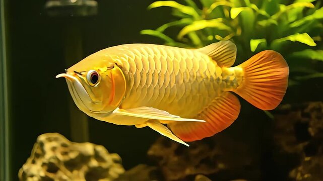 Golden Arowana fish swimming in a dark aquarium with lush green plants in the background, scales shimmering with an iridescent golden hue in this stunning underwater shot.